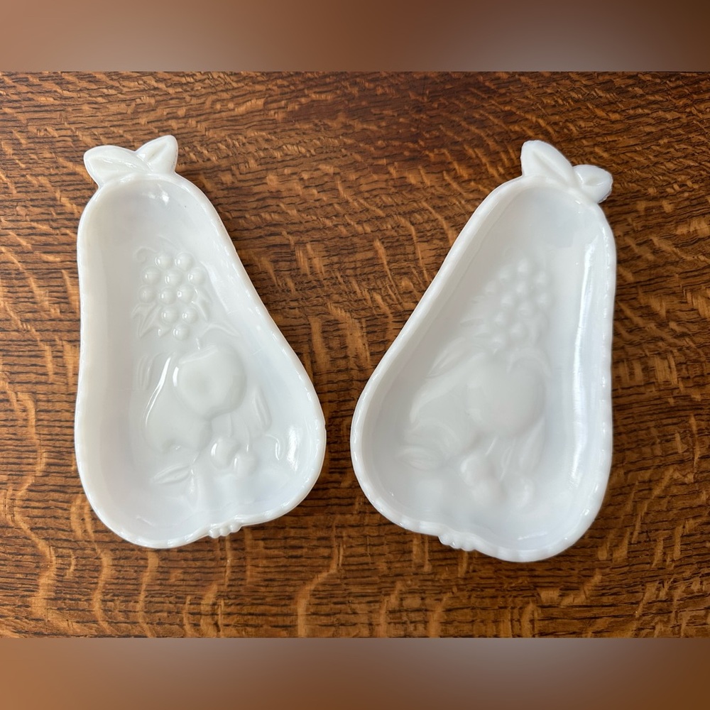 Vintage Hazel-Atlas White Milk Glass Pear Shape Snack Trays Bundle Of Two